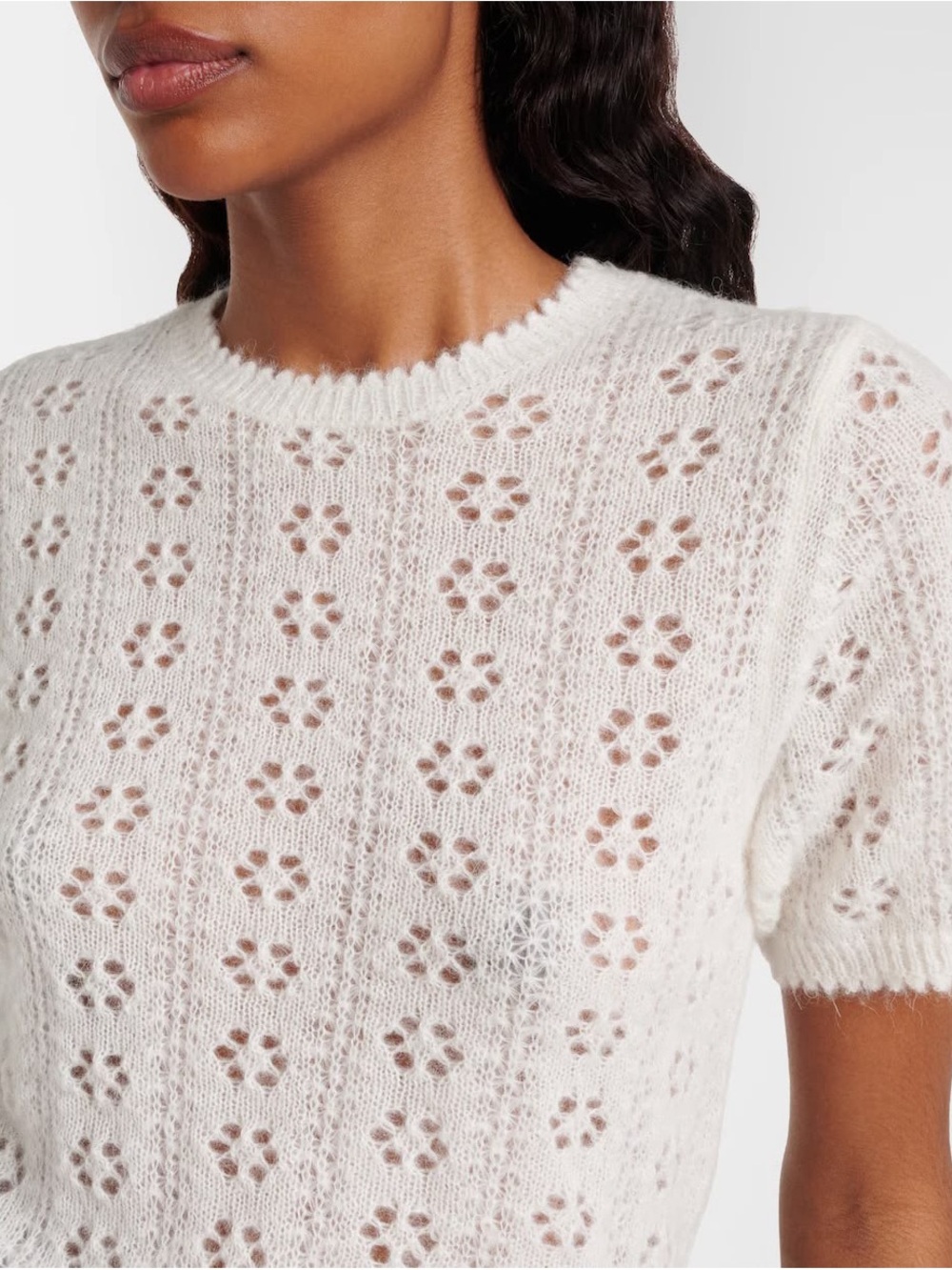 DÔEN Monica Alpaca Wool Pointelle Short Sleeve Sweater - Ivory/Swan XS - Picture 5 of 5